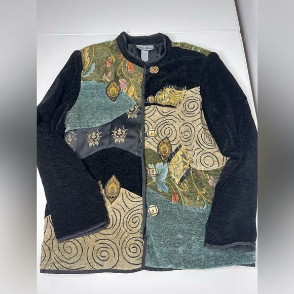 Indigo Moon Multicolor Velvet Embroidered Beaded Tapestry Jacket Boho SzL Flawed - Picture 9 of 16